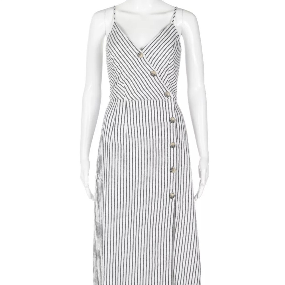 ABERCROMBIE & FITCH Button Dress Small Gray White Striped Midi Apron Spaghetti